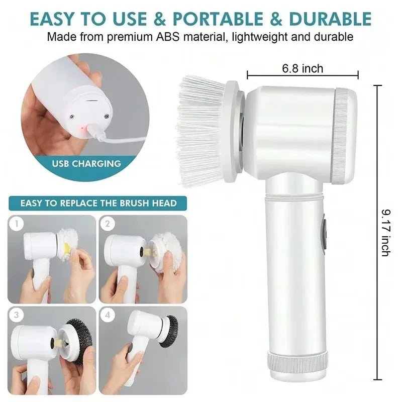 Electric Spin Scrubber Cordless Spin Scrubber with 5 Replaceable Brush Heads and Adjustable Extension Handle,5 in 1CleaningBrush